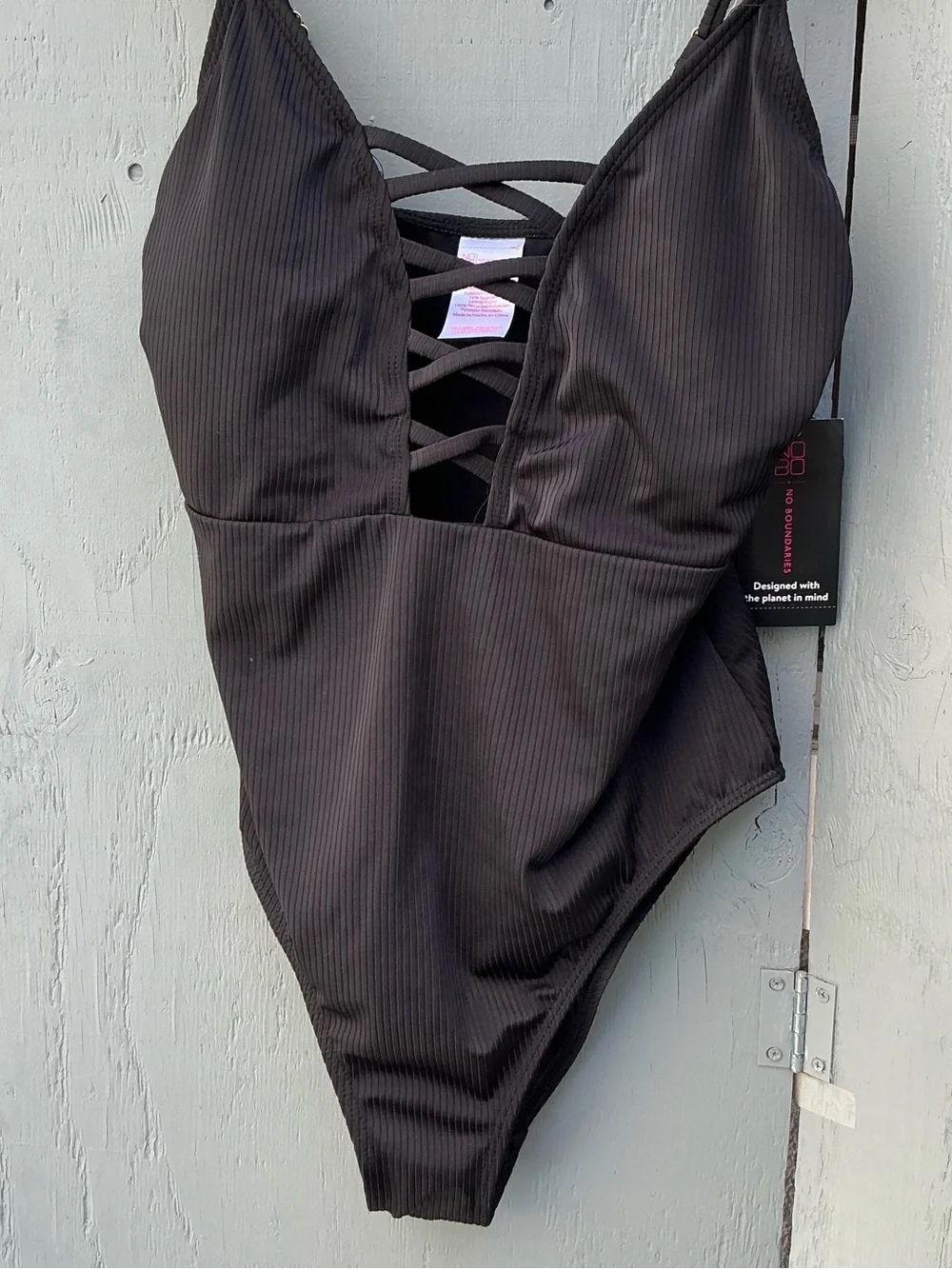 No Boundaries Black Ribbed One-Piece Swimsuit with Lace-Up Front